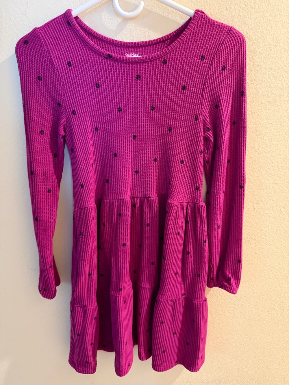 Cat & Jack Magenta Ribbed Long-Sleeve Tiered Dress w/ Black Dot Print Size 10/12